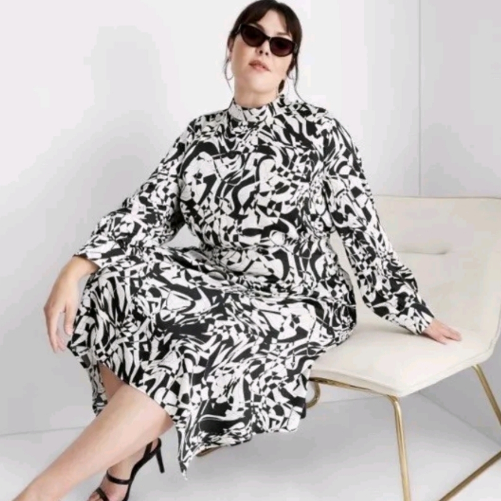 B&W Elegance Kahlana Barfield Brown Black & White Asymmetric Midi Dress